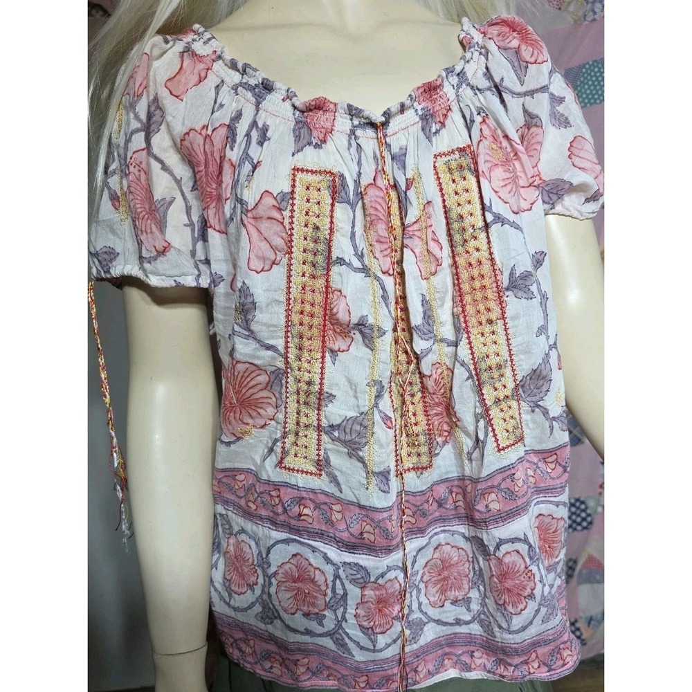 Bell by Alicia Bell Red Gold Stitching Detail Tassels Tunic Top Size Small